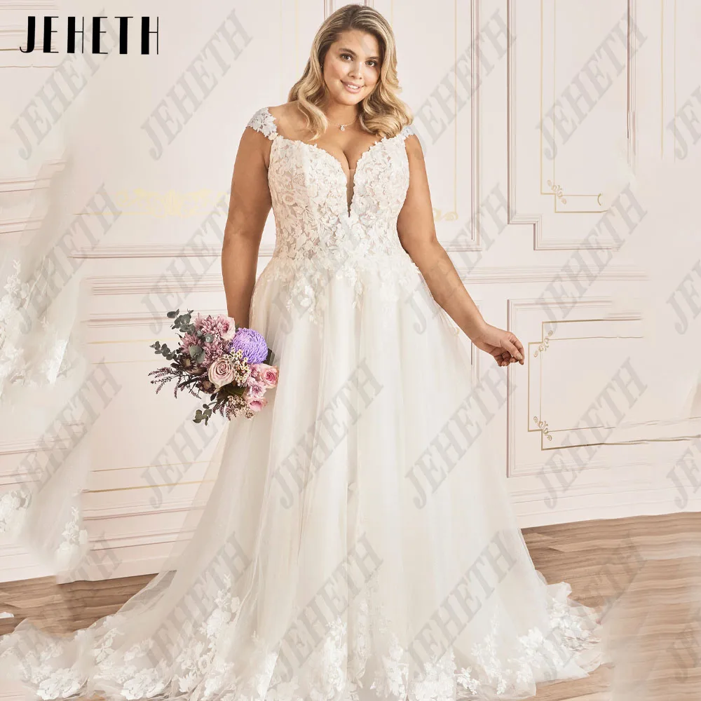 JEHETH Elegant Cap Sleeves Wedding Dresses For Woman Plus Size Sexy V-Neck Bride Gowns Lace Applique A-Line vestidos de novia