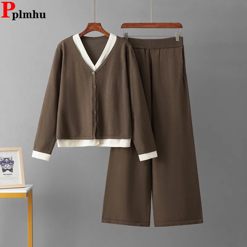 

Korean Design Knitted 2 Piece Sets Women V-neck Long Sleeve Cardigan Tops Conjuntos Casual High Waist Straight Pants Outfit New