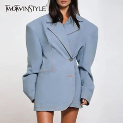 TWOTWINSTYLE Solid Casual Spliced Pockets Casual Blazer Notched Long Sleeve Patchwork Button Temperament Minimalist Coat Female