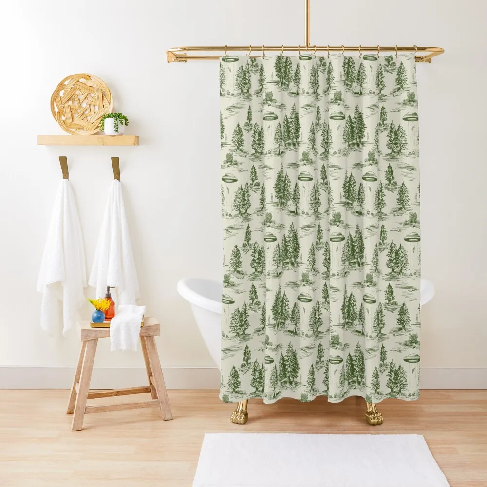 

Green Alien Abduction Toile De Jouy Pattern Shower Curtain Shower Bath Curtain Waterproof Shower Curtains