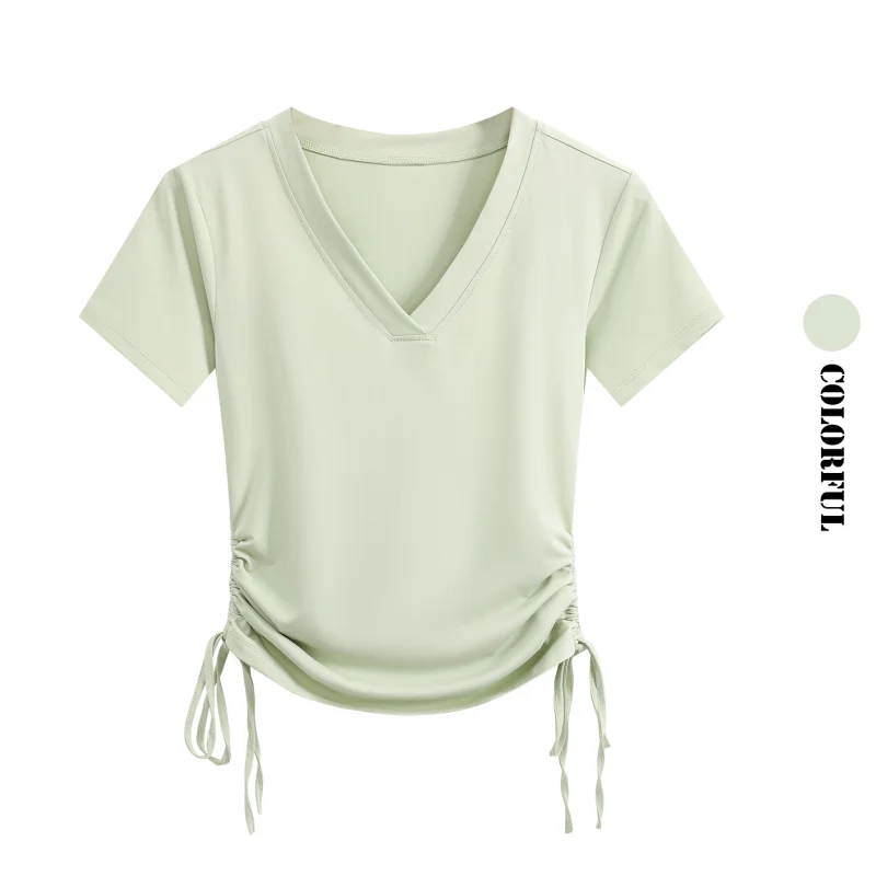 DRUR Summer Yoga Tops With Ruched Drawstring Side Short Sleeve Slim Fit Athletic T Shirts Casual V-neck Thin Sport Tee For Women