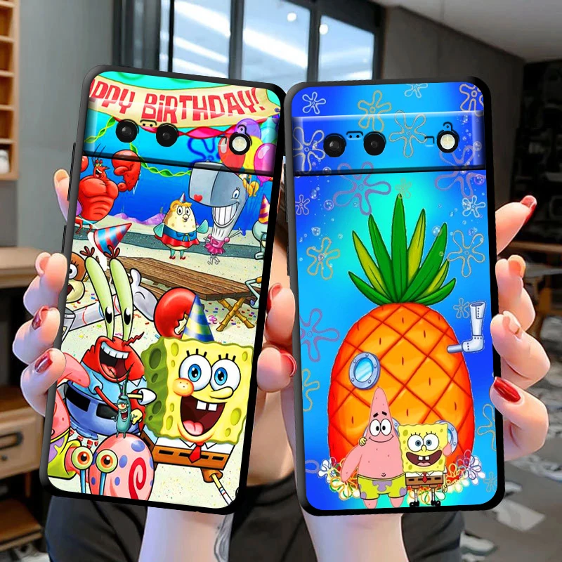 Cartoon SpongeBob SquarePants for Google Pixel 8 7 6 Pro 6a 5 5a 4 4a XL Pro 4G 5G Silicone Soft TPU Black Phone Case Cover