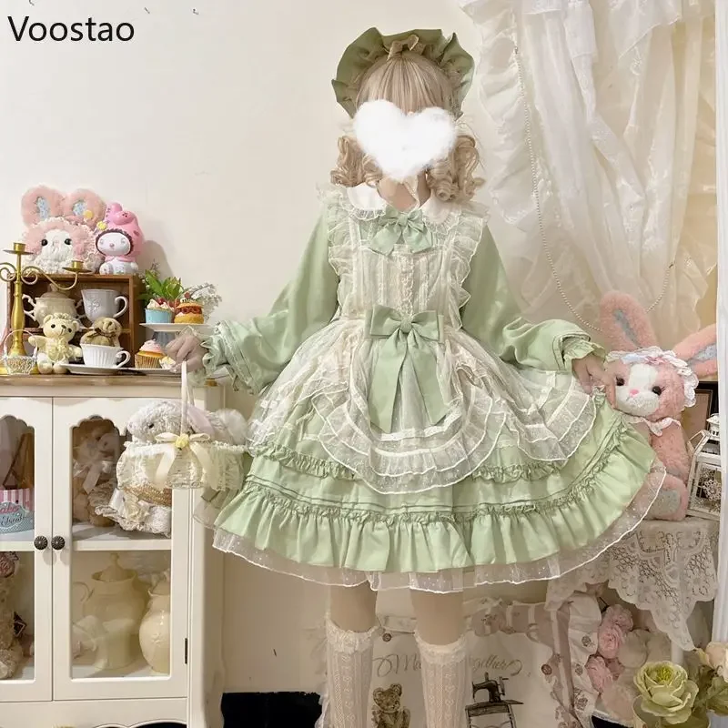 Vestido OP com laço de malha para mulheres, vestido doce princesa Lolita, vestidos verdes elegantes vintage, vestido vitoriano feminino de chá Kawaii, Harajuku