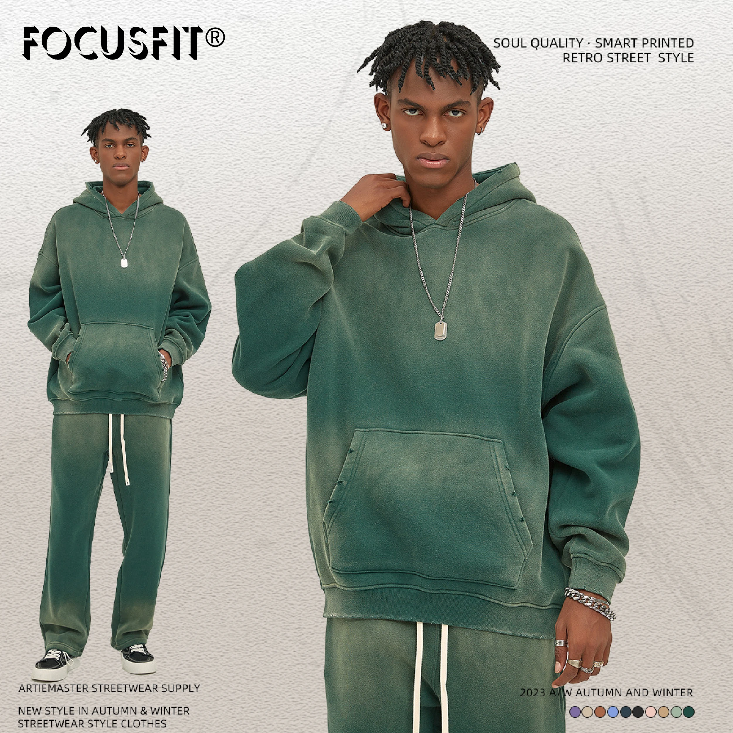 FOCUSFIT Autumn and winter new product 360G spray dyeing old round neck and grinding water washing men's  sweatshirt pants set