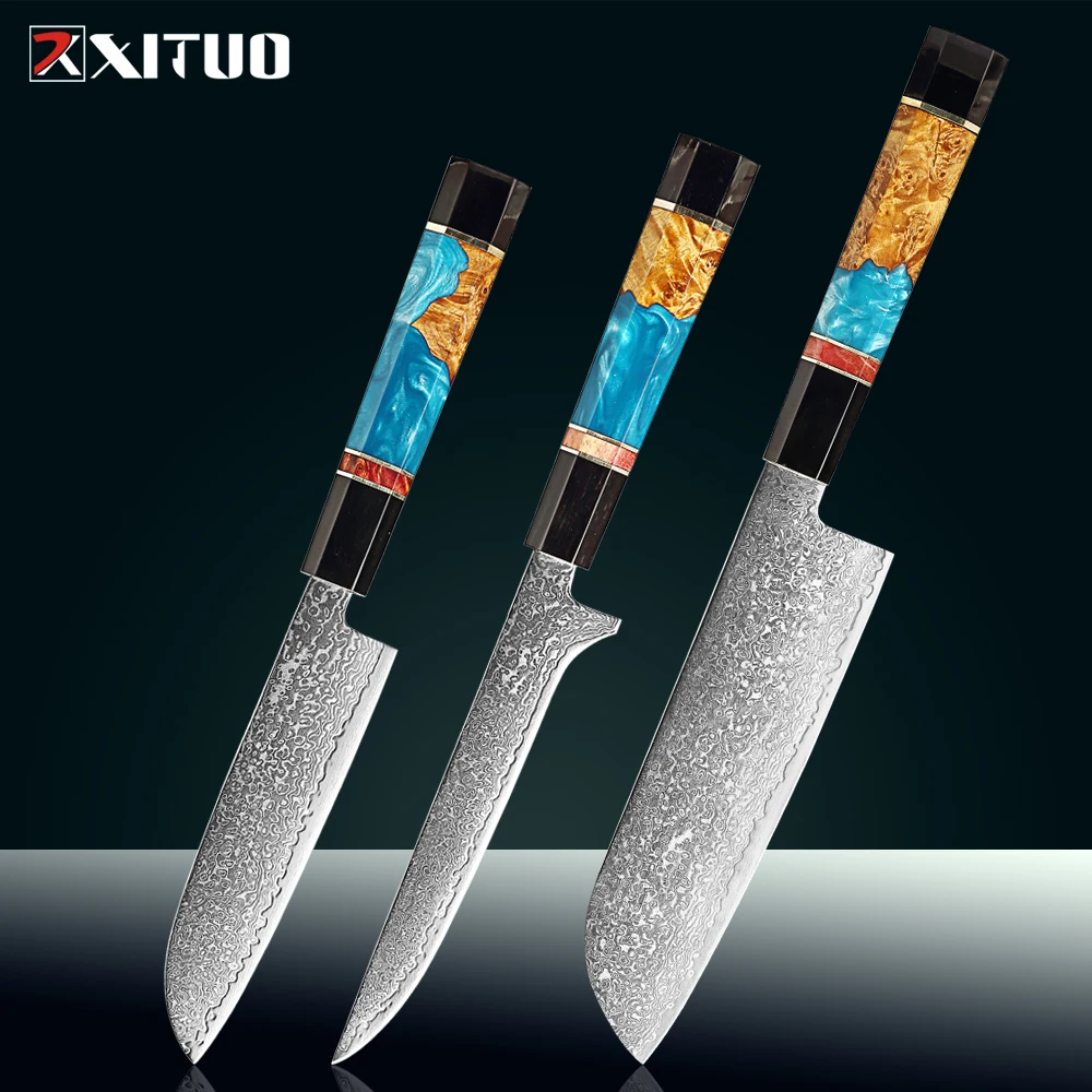 1–3-teiliges Set Küchenmesser, scharfer Santoku-Stahl, Paring, professionelle Kochmesser, schwarzes Büffelhorn, Harz und Holzgriff