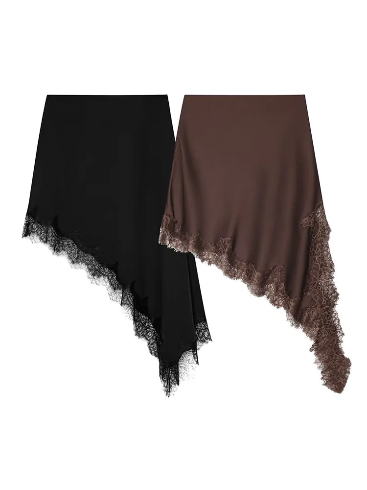 

HH Women New Fashion Simple Asymmetrical Lace Skirt Female Elegant Sexy Silk Satin Texture Elastic Waist Casual Versatile Skirt