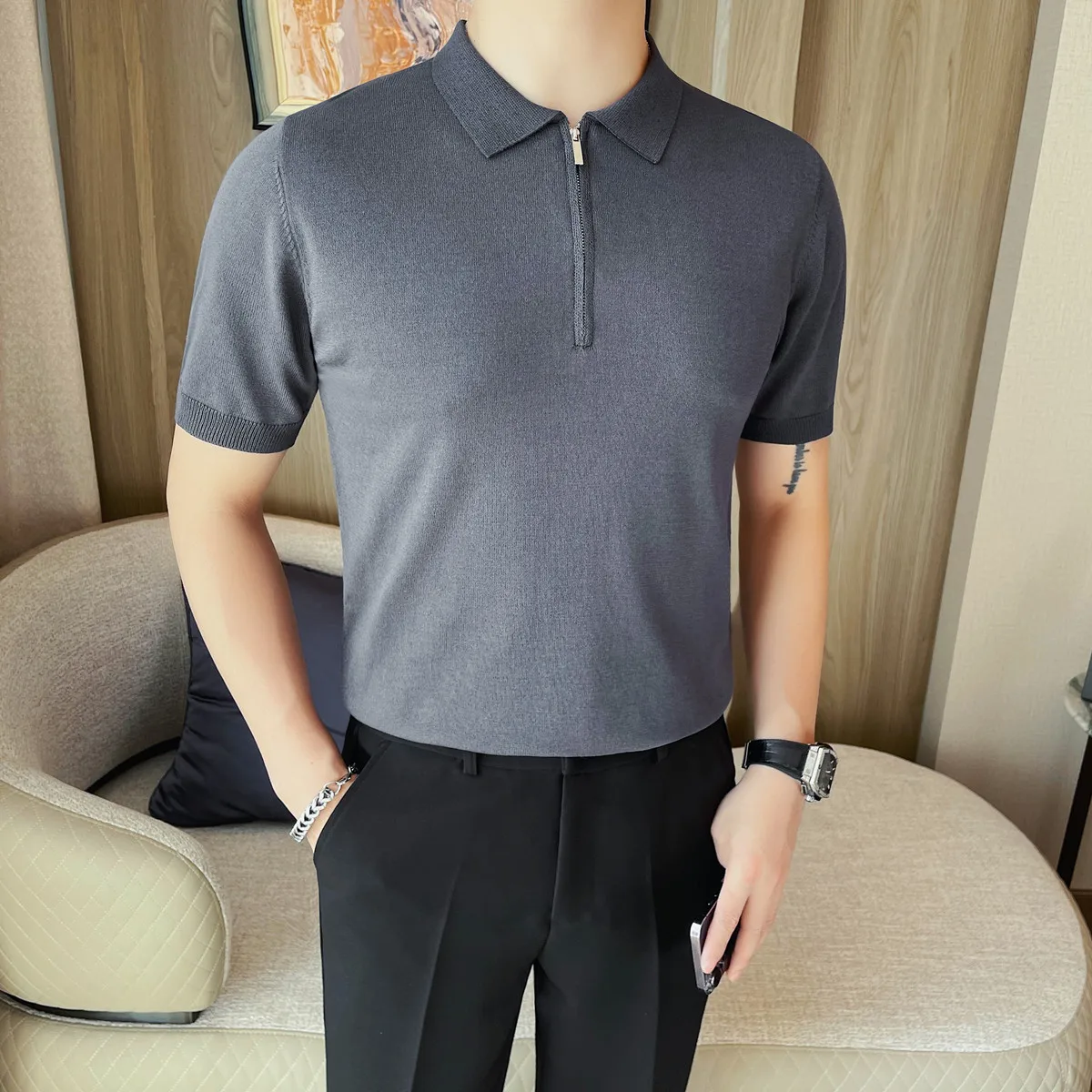 

Men's Half-Zip Polo Shirt - 2025 Summer Short Sleeve Knit T-Shirt, Breathable Lightweight Casual Top with Shirt Collar