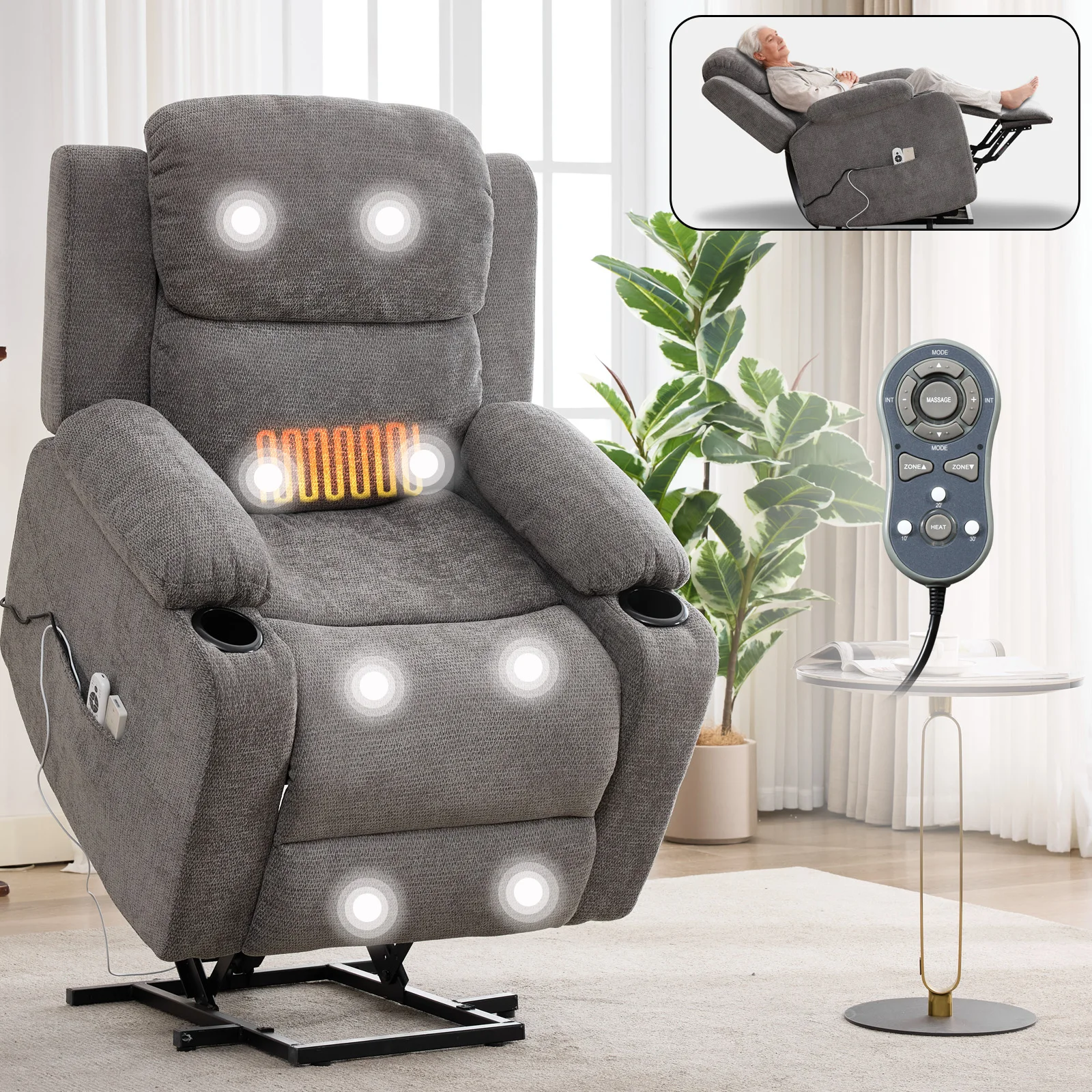 Power Lift Recliner Chair for Elderly with 8-Point Vibration Massage and Lumbar Heating, Cup Holders