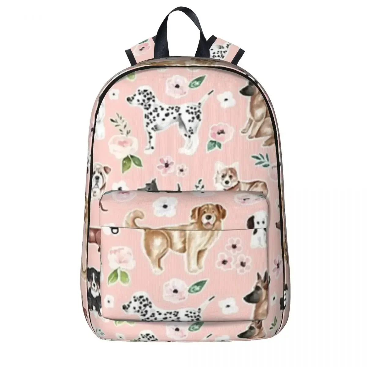 

Watercolor Dogs And Flowers On Pink Backpack Children School Bag Laptop Rucksack Travel Rucksack Large Capacity Bookbag