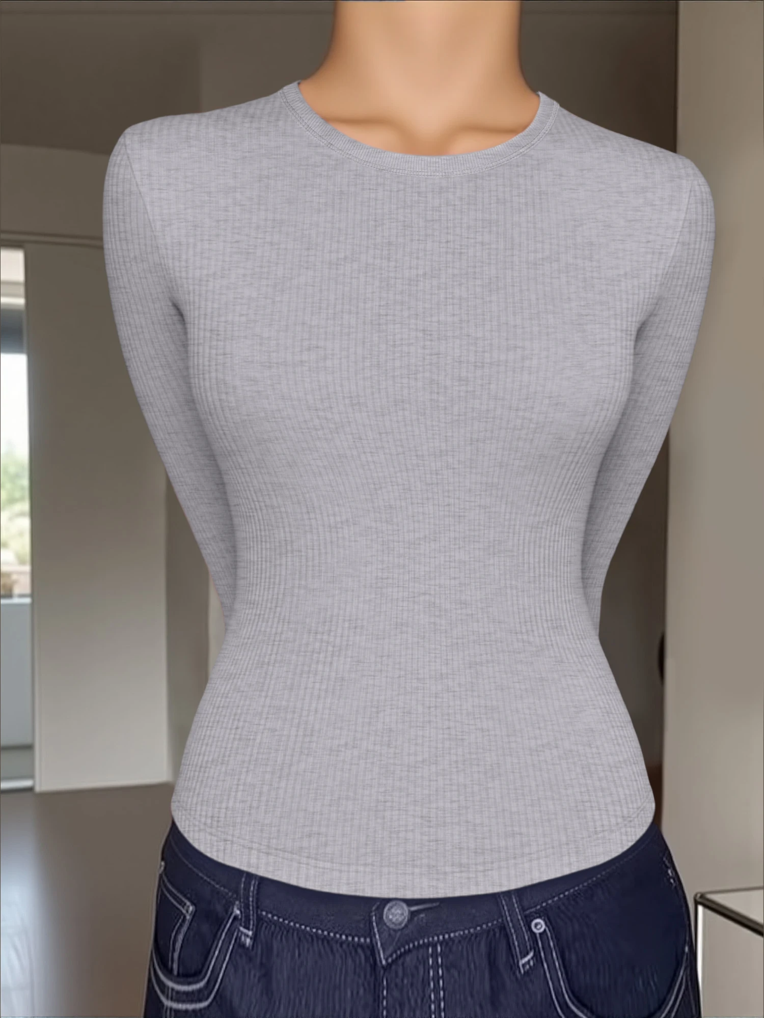 Trendy Short Length Fitted Long Sleeve Top, Rib Knit Base Shirt for Vintage Style Night Walks & Meetups