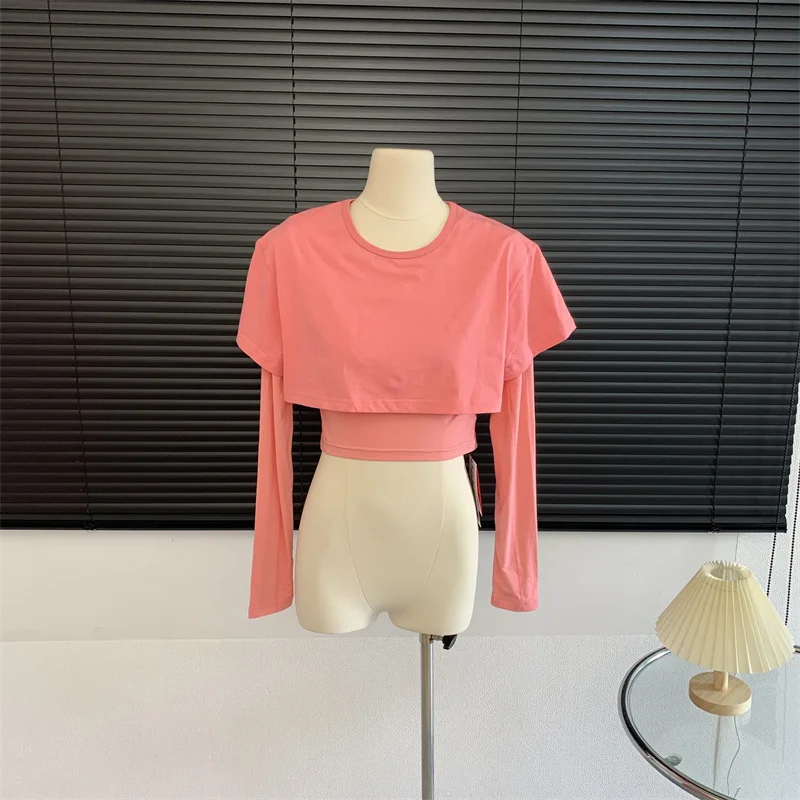

Long Sleeve Solid Color Fake Two Short Sleeve Tops Cool Spring Autumn Slim-Fit Vintage Y2K Tshirt Elasticity Tees