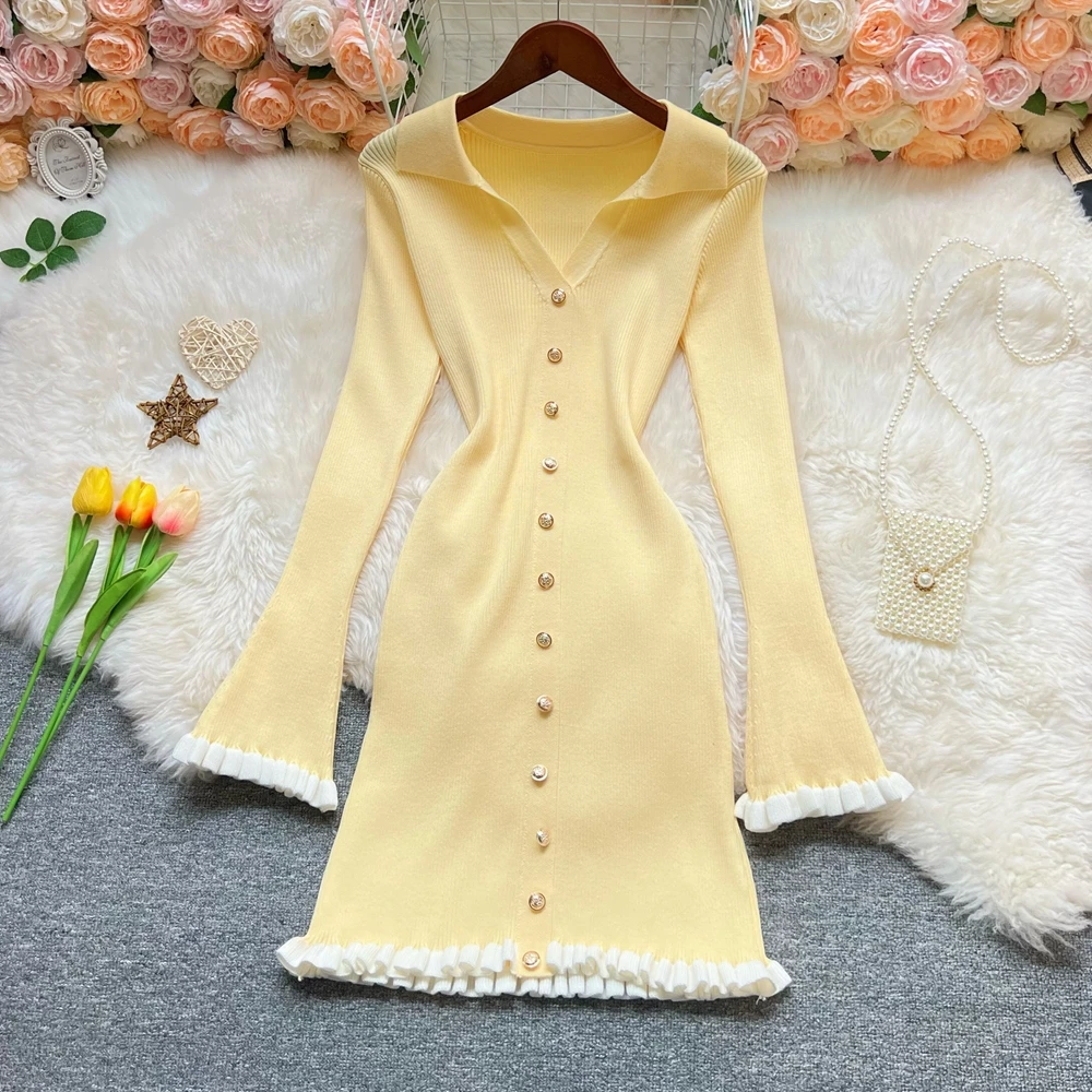 Yuoomuoo chique moda 2025 outono inverno feminino malha mini vestido estilo francês harajuku preto babados vestido de festa senhora outfits