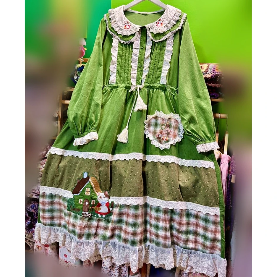 

Vintage Autumn Corduroy Patchwork Ruffled Lace Green Midi Dress Women Harajuku Goblincore Lolita Mori Girl Cute Sweet Long Dress