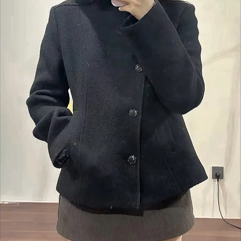 Women's Winter Jacket Chic Stand Collar Single Breasted Slim Straight Wool Blend Cropped Coat Fashion High Street Date Outfit