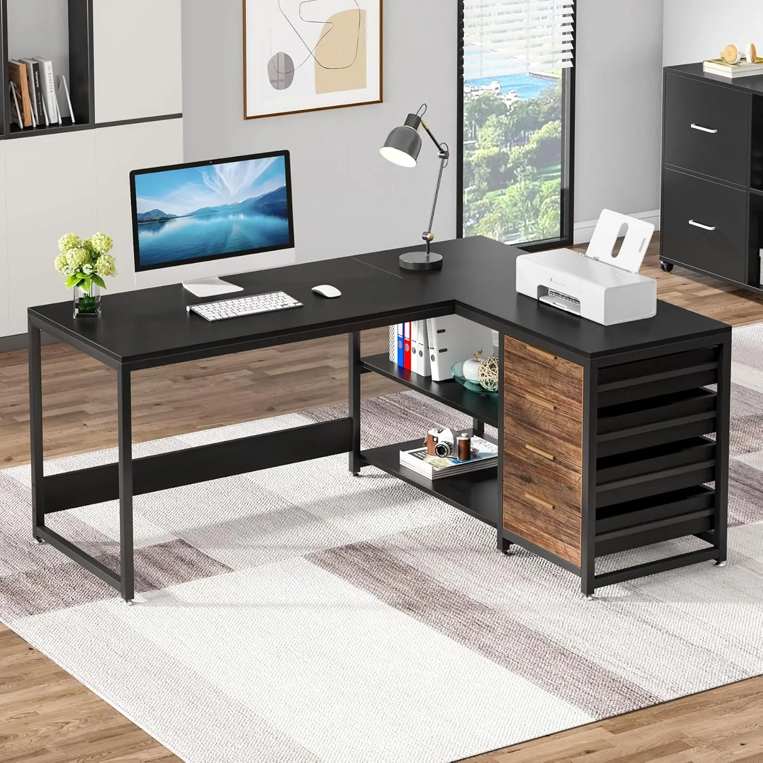 Tribesign-L-Shaped Mesa do computador com gavetas de armazenamento, 59 "Mesa de canto com prateleiras, reversível Office Desk, Study Desk