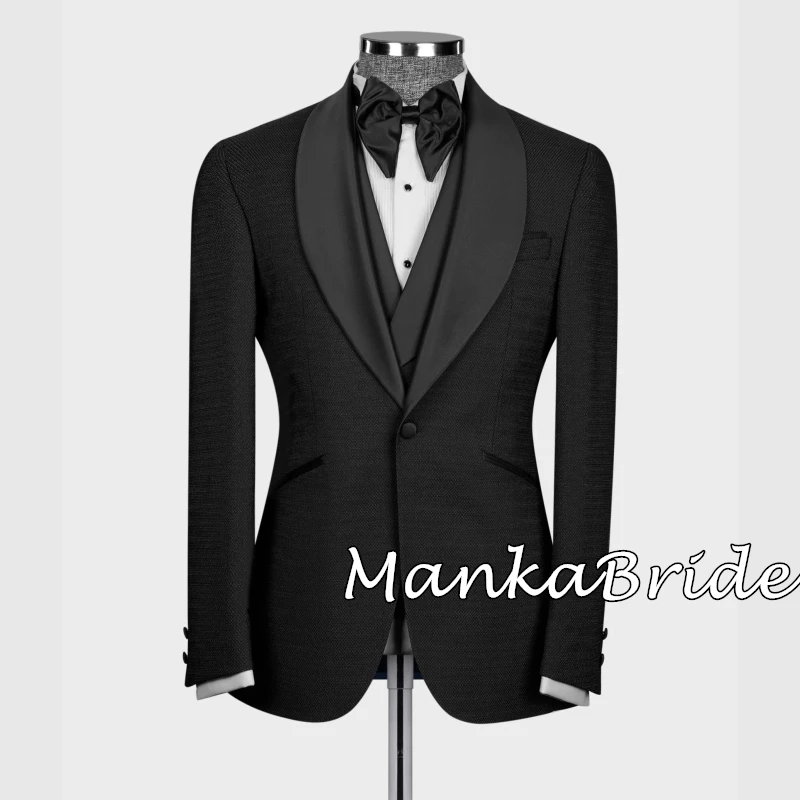 Black Satin Collar Black Groom Tuxedo for Wedding Party 3PCS Blazer Vest Pants Formal Full Men's Suits