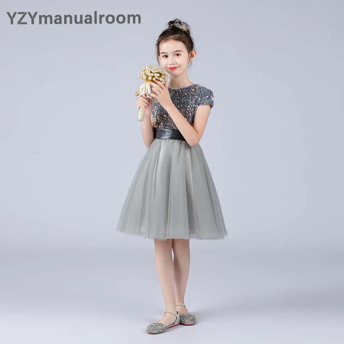 Yzymanualroom glitter lantejoulas mangas curtas tule vestidos da menina de flor concerto princesa vestido longo júnior dama honra vestido