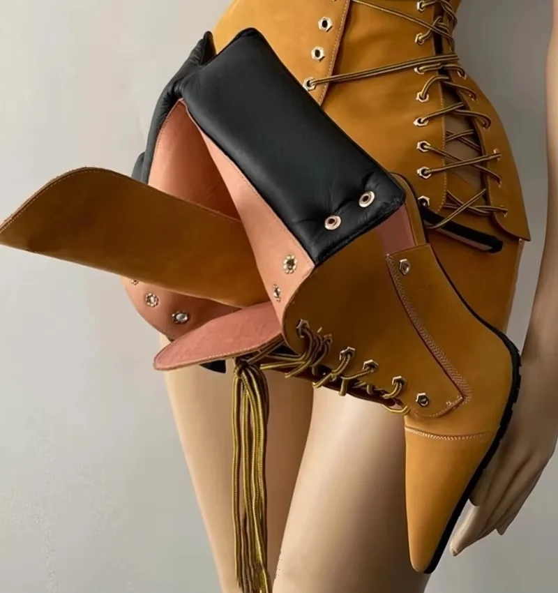 

Gladiator Heels Patchwork Front Lace Up Boots Pointy Toe Stiletto Booties Women Luxury Designer Shoes Modern Zapatos De Mujer