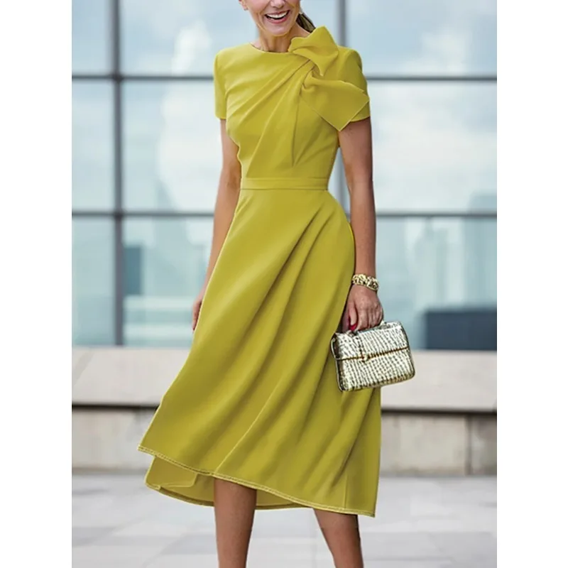 

Зелено-желтое офисное платье для женщин, весна-лето 2026, с круглым вырезом, коротким рукавом, бантом, завышенной талией, складками, элегантное, миди, 182825