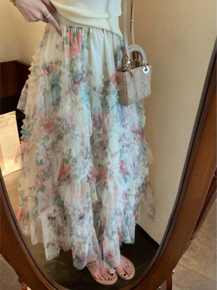 

Sweet Floral Print A-line Skirt for Women Summer Mesh Patchwork All-match Skirts 2025 New Mid-length Loose Faldas Mujer