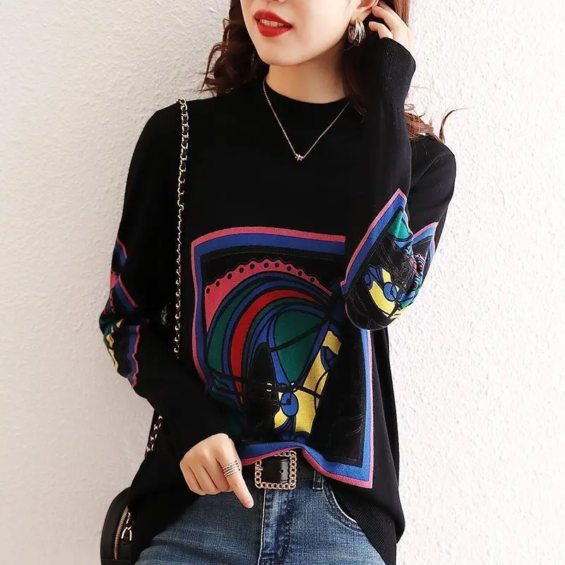 T-shirt coreana con collo mezzo alto abbigliamento donna moda colori a contrasto stampato autunno inverno pullover Casual a maniche lunghe