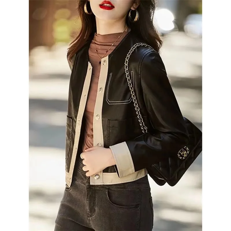 Small Fragrance PU Leather Jacket Women Short Spring Autumn New High-End Leather Coat Fashion Outerwear Female Thin Outcoat Top