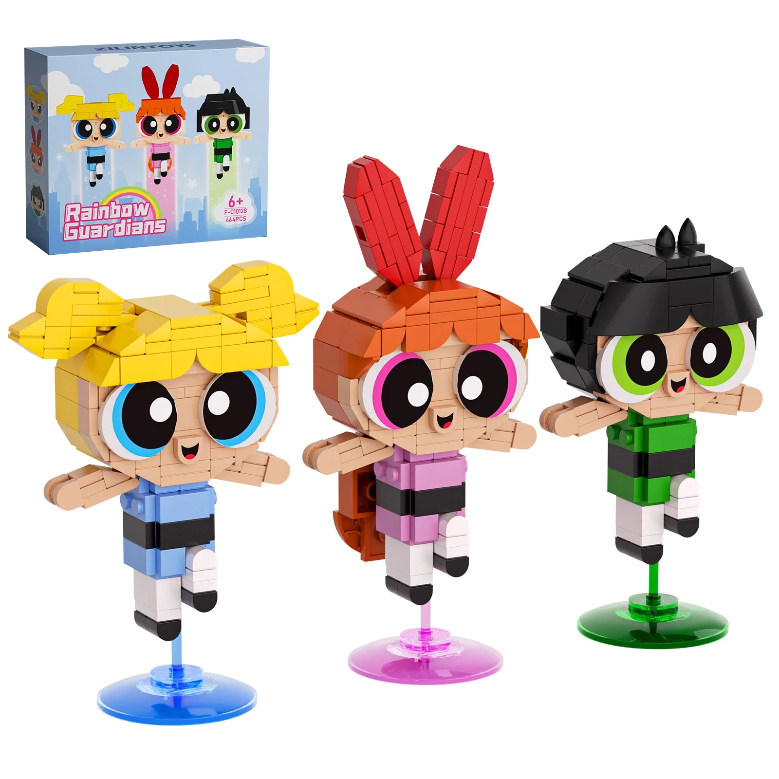 MOC 3 szt. Powerpuffed Girls zestaw klocków budowlanych animacja kreskówkowa bohater figurki Model kwiaty/pęcherzyki cegły dziewczyny prezenty