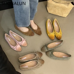 SUOJIALUN 2024 Spring New Women Flat Shoes Fashion Bow-knot Round Toe Ladies Ballerinas Shoes Shallow Slip On Dress Ballet Shoes