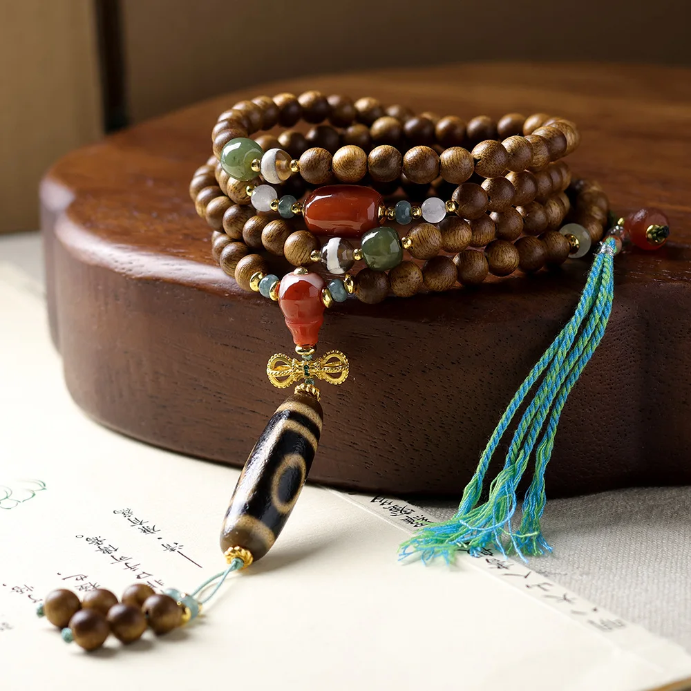 Multi-turn Yellow Chen Agarwood Bracelet: Tibetan Patina Two-eye Dzi, Jasper, South Red Agate Wenwan Necklace Gift