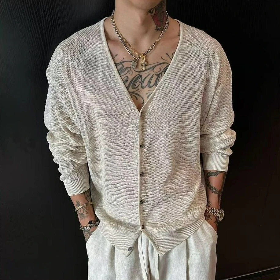 

Top Cardigan Knitted Sweater Men's Spring and Autumn New Short Solid Color Versatile Fashion V-Neck Jacket