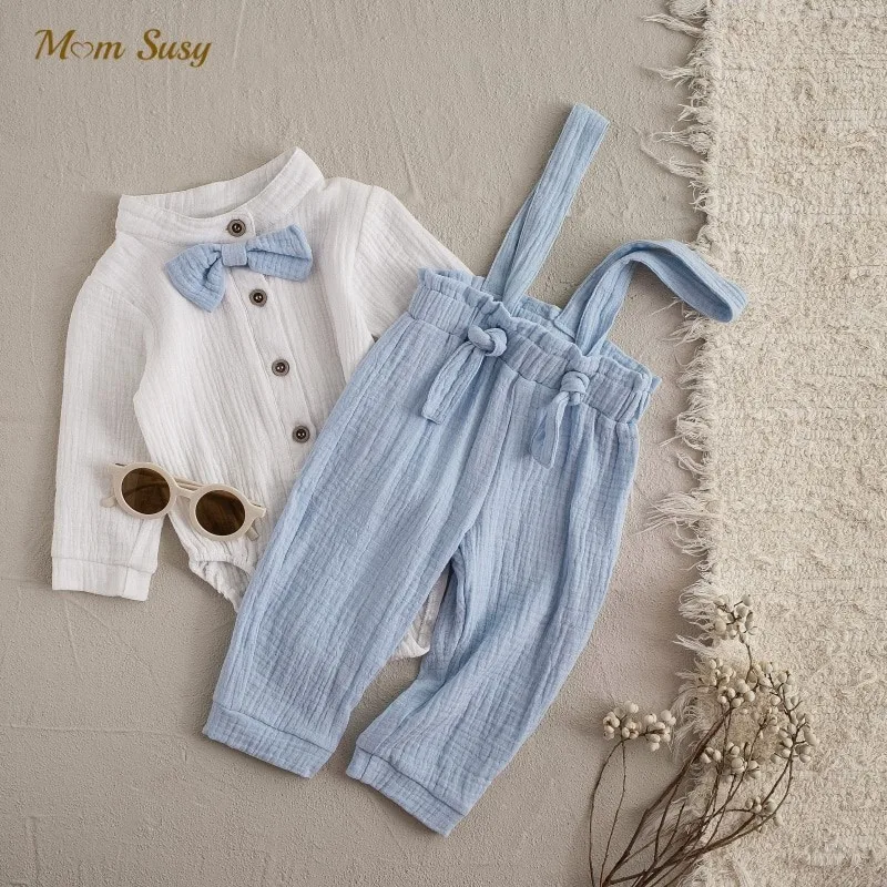 Newborn Baby Boy Cotton Clothes Set Bow Shirt Romper+Strap Pant 2PCS Infant Toddler Child Baby Suit Birthday Party Baptism 0-2Y