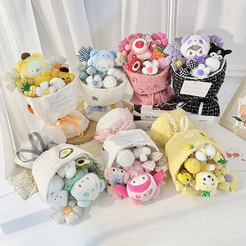 Sanrioed Kawaii Plush Bouquet Kuromi My Melody Anime Cinnamoroll Doll Family Wedding Decorate Birthday Festival Girlfriend Gift