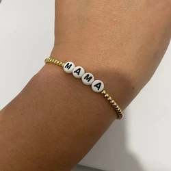 MAMA Letters Stainless Steel Beads Ball Bracelet Stretchable Elastic 18k Gold Plated Beaded Bracelets For Women Girls Gift