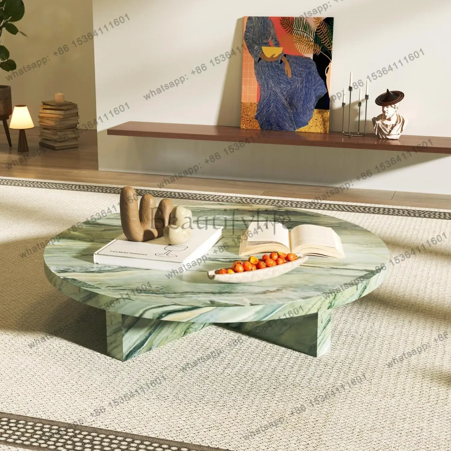 Pink Jade Round Coffee Table, Large Living Room Luxury Stone Side Table, Heat & Scratch Resistant, Master Design, Customizable