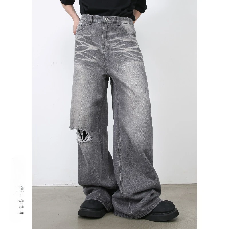 Men Denim Pants Vintage Washed Ripped Straight Loose Jeans High Street Drapedspring and AutumnComfortable Stylish Baggy mens