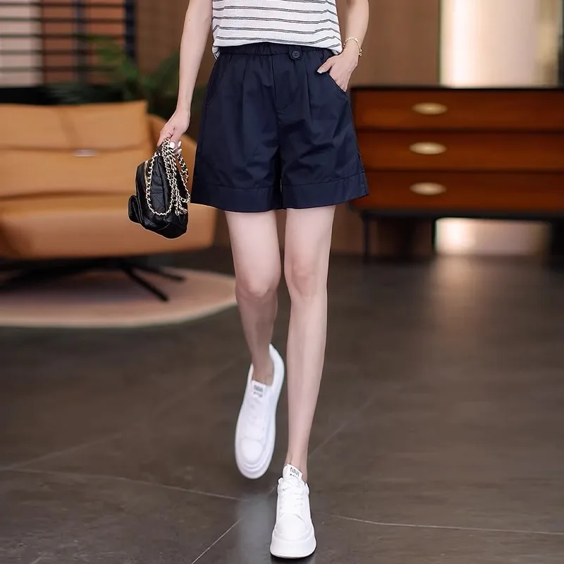 

Темно-синие шорты для женщин, летние тонкие универсальные шорты трапециевидной формы с высокой талией для похудения