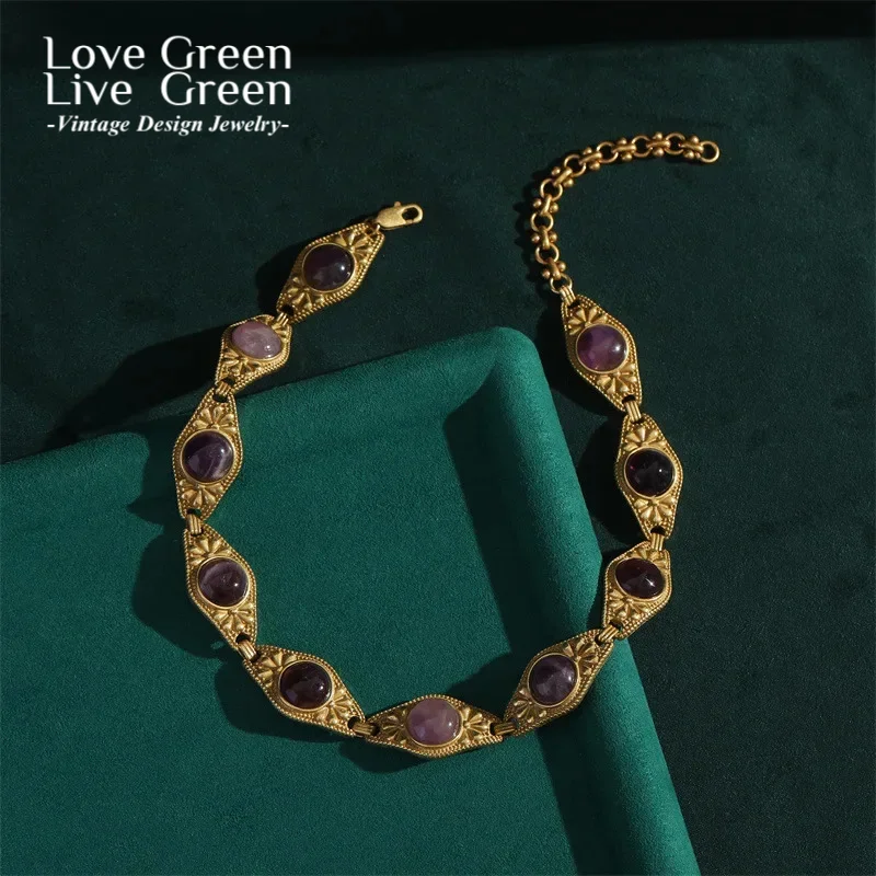 

Vintage Purple Necklace Antique Flower Choker Collar Women Natural Stone Eye Shape Wedding Bridal Chain Valentines Gift 2025