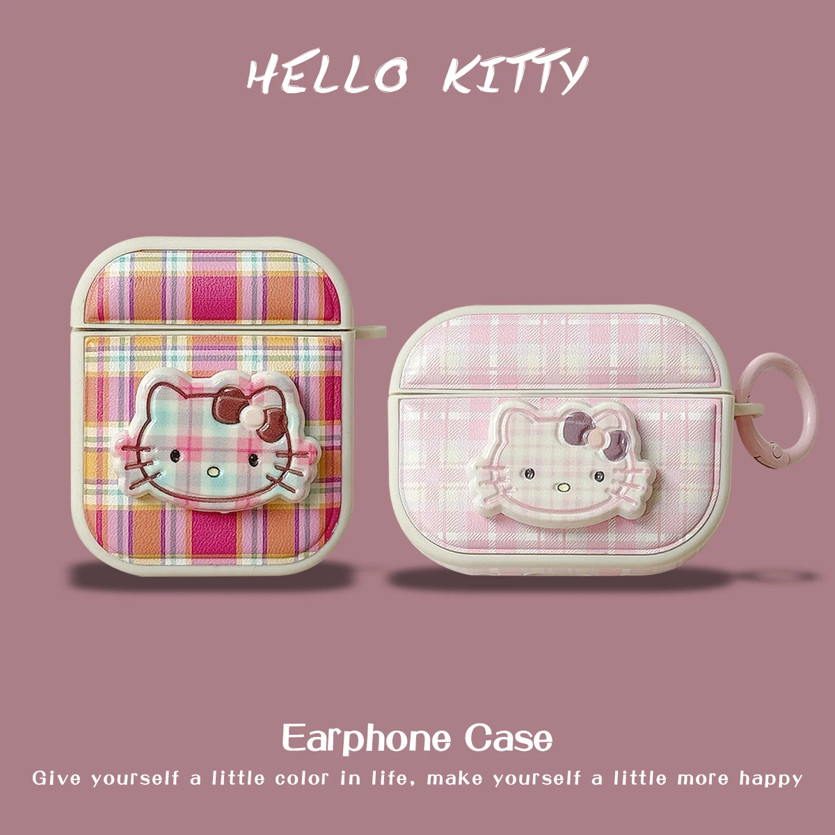 

Kawaii 3D Face Hello Kitty Grid style Headset Case For AirPods 1 2 3 4 With Keychain Niche Protect Cover For AirPods Pro/Pro2