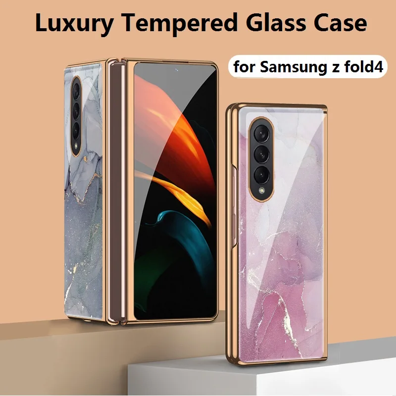 Luxury Plating Tempered Glass Case for Samsung Z Fold4 Case Retro Marble Shockproof Cover for Galaxy Z Fold 4 Case