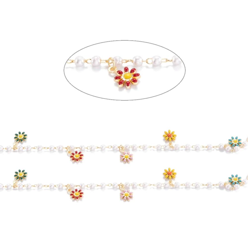 about 10m/Roll Handmade CCB Plastic Imitation Pearl Beaded Chain, Brass Enamel Daisy Charms Chains for jewelry making accessorie