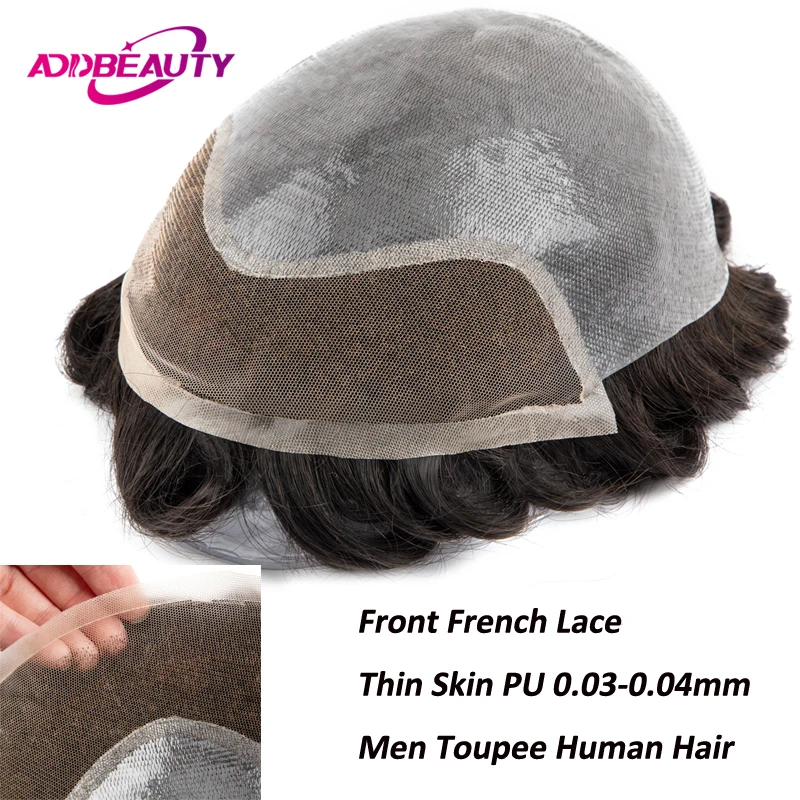 Vloop Men Toupee Full PU 0.03-0.04mm With Front Lace Wigs Thin Skin Men's Capillary Prothesis Natural Indian Human Hair Wig