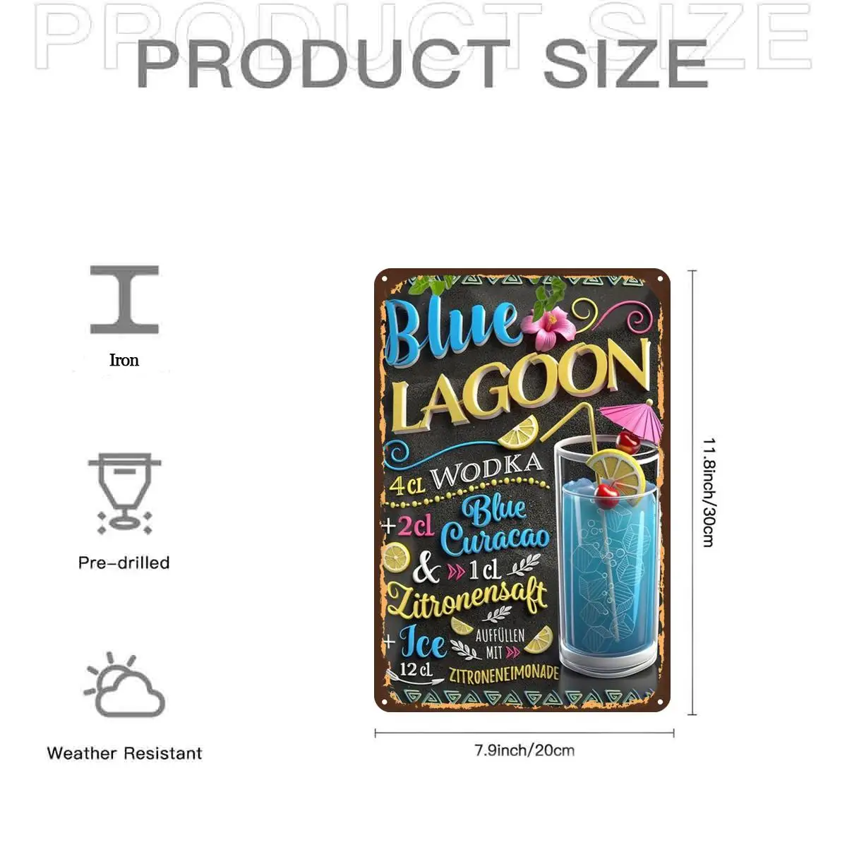 2D Flat, 1pc, Blue Lagoon Cocktail Recipemetal Iron Sign, Pre-Drilled Holes, Suitable for Indoor, Garden, Outdoor, Home, Office,