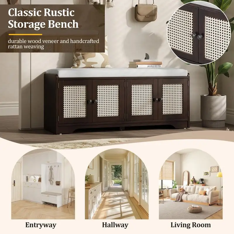 مقعد تخزين ريفي، مقعد أحذية خشبي متعدد الوظائف مع وسادة قابلة للإزالة، وأبواب الروطان المنسوجة وأرفف قابلة للتعديل #5