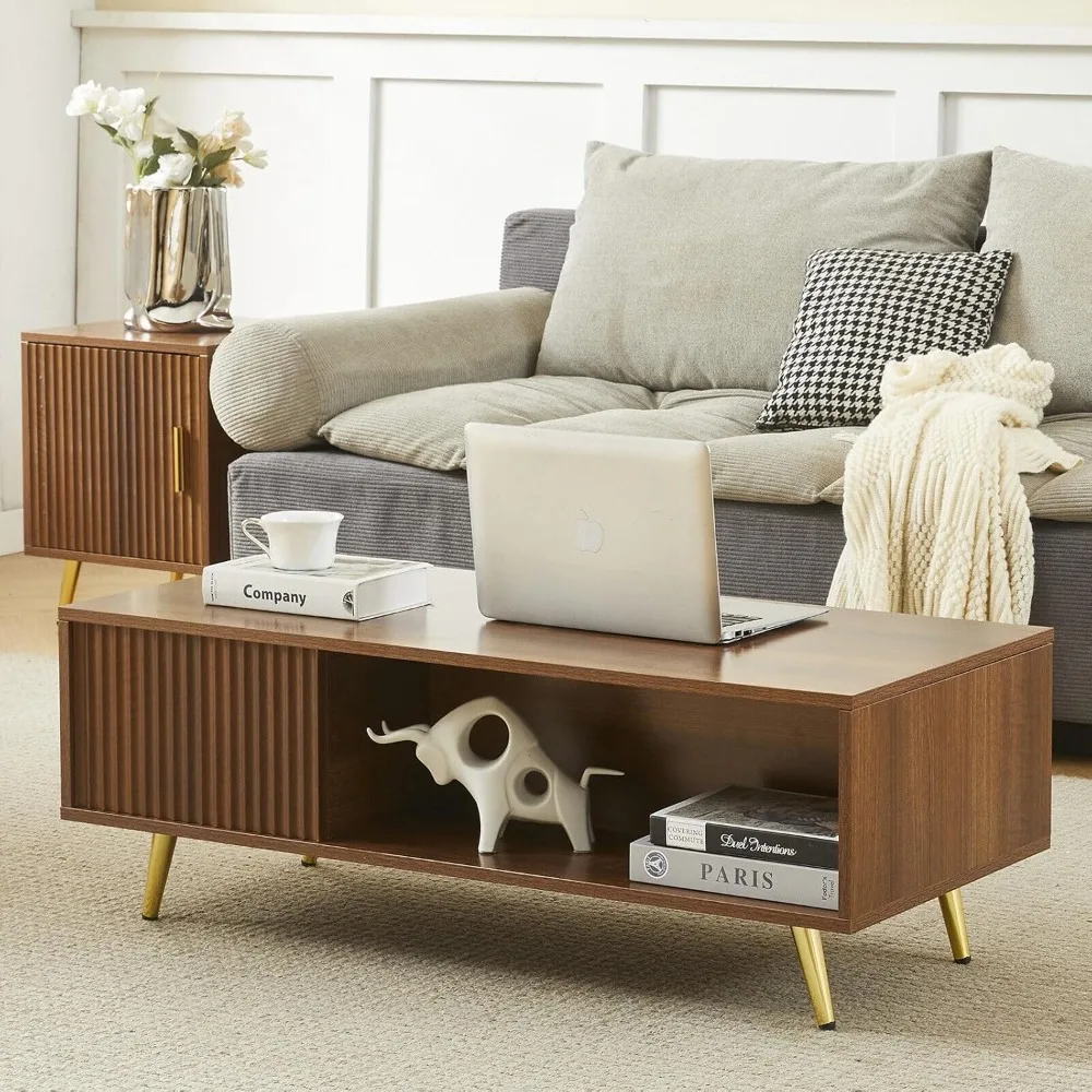 Mesas de centro LED de nogueira de 41,3 polegadas para sala de estar com luzes LED de 16 cores, mesa de centro moderna e minimalista com canelado P