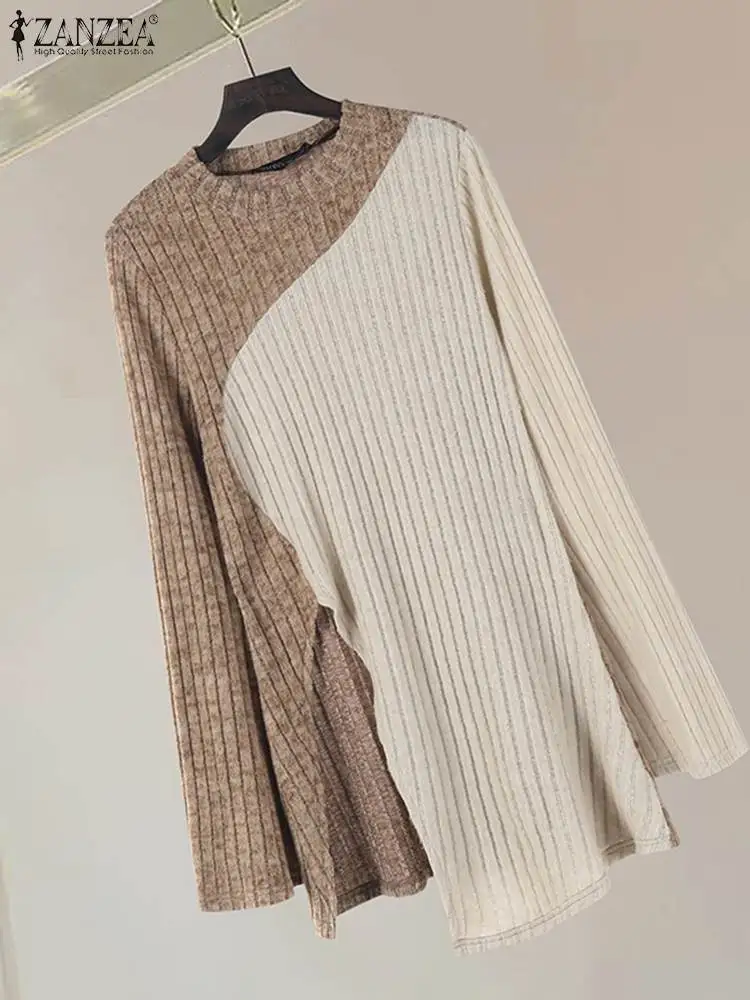 2024 ZANZEA Autumn Split Hem Blouse Women Ribbed Slim Fit Tops Fashion Shirt Casual Long Sleeve Patchwork Knitted Blusas Mujer