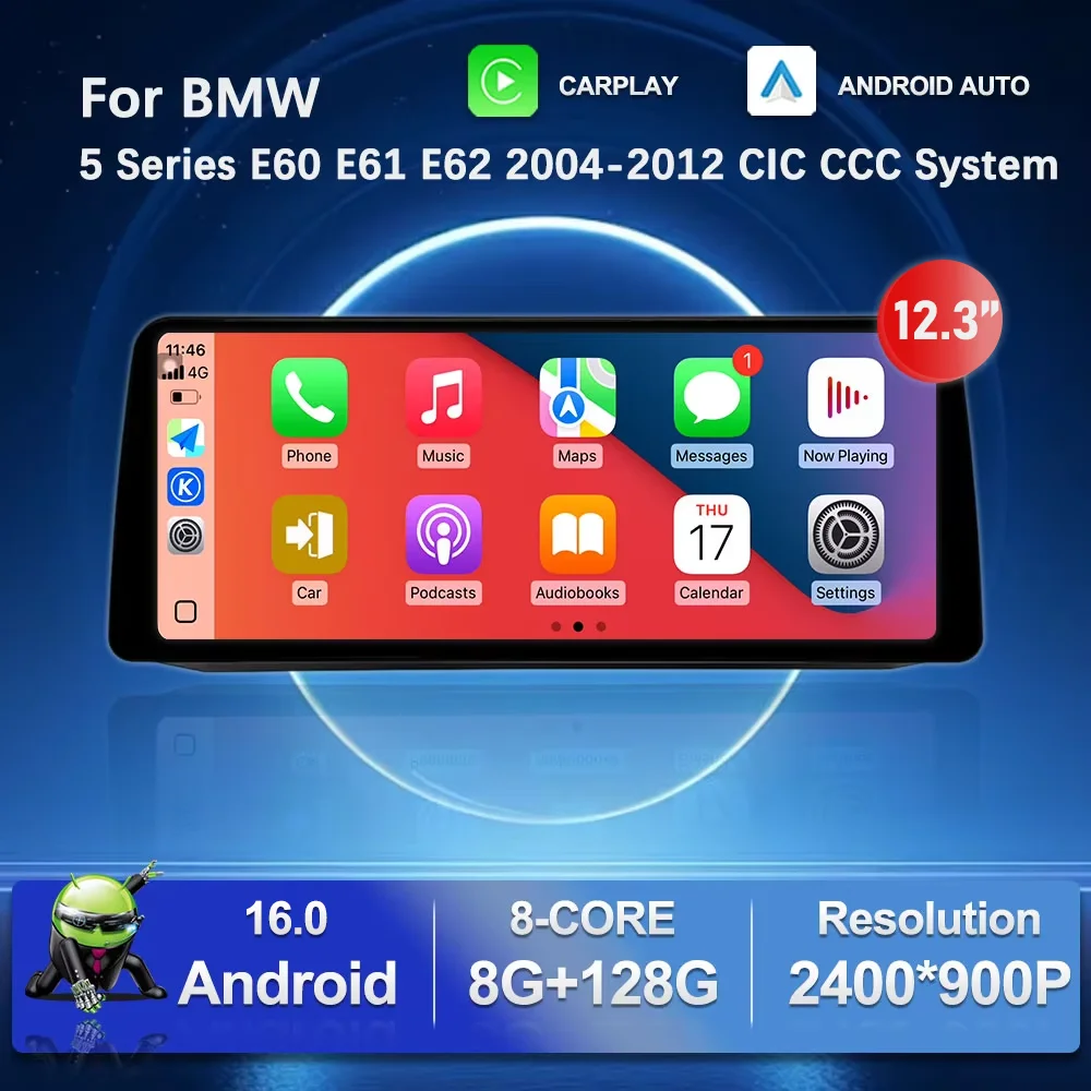 

Carplay 12.3'' для BMW 5 серии E60 E61 E62 2004-2012 с системой CIC/CCC, Android 16, GPS, автомобильный видеомультимедийный плеер, автоинструменты