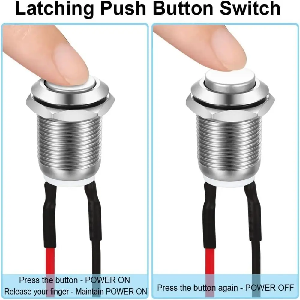 Durable 12mm Push Button Switch Latching Self-Locking Prewired Stainless Steel