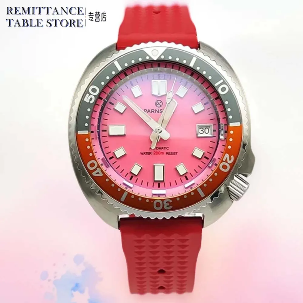 PARNSRPE Brand Men\'s NH35 Watch Water Resistant 200m Automatic Mechanical Sapphire Glass Red Strap Pink Aseptic Dial Watch