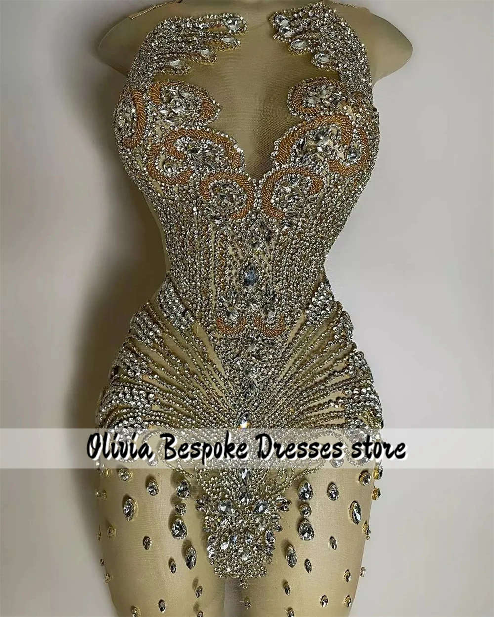 See Thru Silvery Crystal Beading Prom Dresses Black Girls Rhinestones Baddie Dress For Birthday Mini cocktail Gown Customized