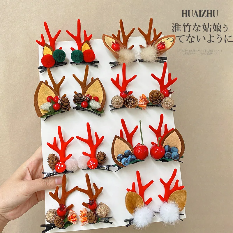 2pcs/Set Kawaii Christmas Elk Ear Hair Clip Women Girl Santa Snowman Hairpin Xmas Party Barrettes For Kids Cosplay Headwear